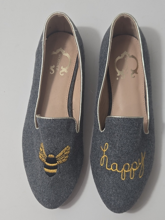 Shoes - Women’s Gray Felt Slip-On Flats with Gold Embroidery - Unbranded
